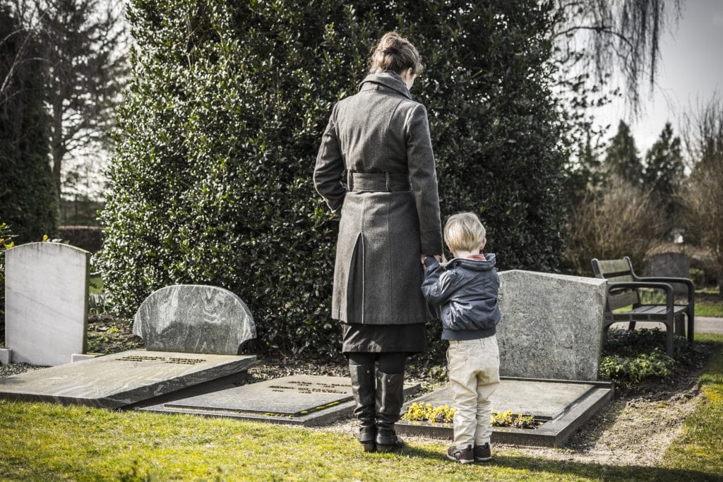 mother and son in cimetery