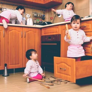baby mess in kitchen